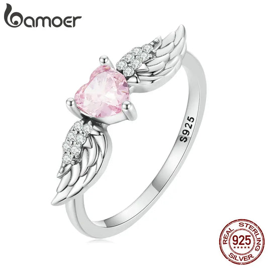 Bague Love & Wing en Argent Sterling 925 avec Zircon Rose – Design Ailes Élégant