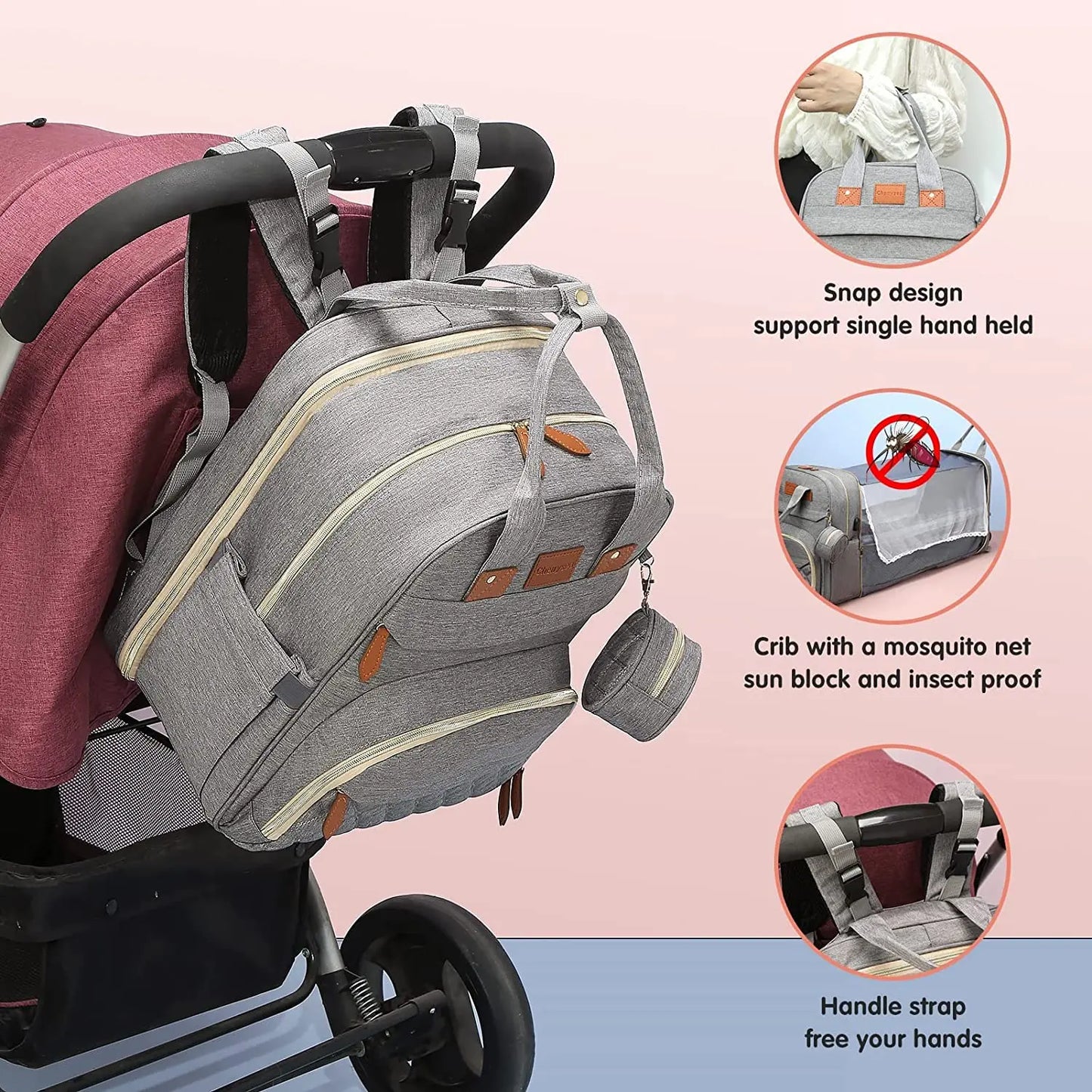 Sac à langer 3 en 1, sac à dos pliable pour lit de bébé, sac de voyage étanche avec chargeur USB, sac à dos avec lit à langer