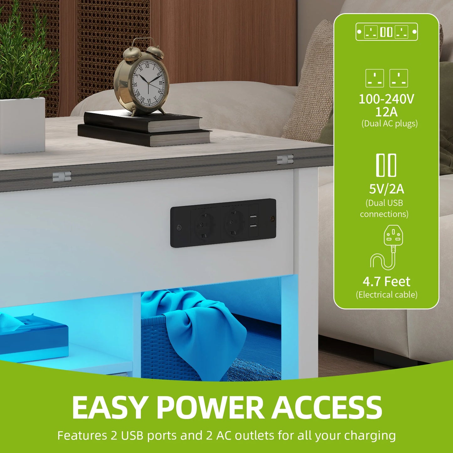 Table Basse 4 en 1 Hauteur Réglable – Design Moderne Blanc & Gris avec Rangement et LED