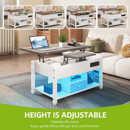 Table Basse 4 en 1 Hauteur Réglable – Design Moderne Blanc & Gris avec Rangement et LED