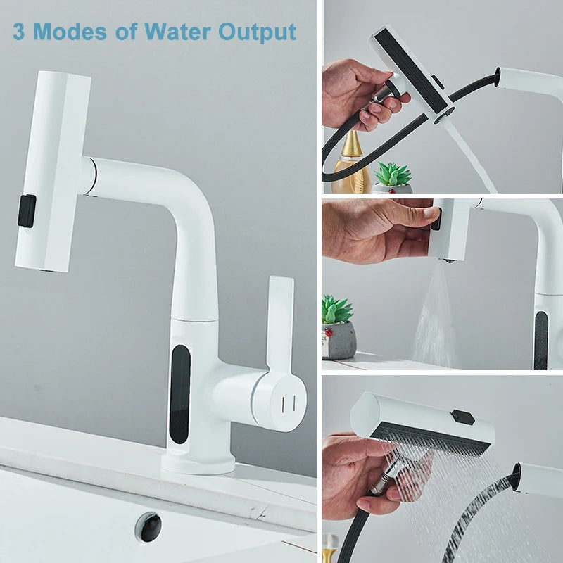 Robinet de Lavabo à Affichage Numérique – Buse Extractible 3 Voies, Jet de Pluie, Levage, Eau Chaude et Froide