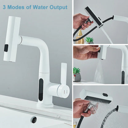 Robinet de Lavabo à Affichage Numérique – Buse Extractible 3 Voies, Jet de Pluie, Levage, Eau Chaude et Froide
