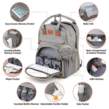 Sac à langer 3 en 1, sac à dos pliable pour lit de bébé, sac de voyage étanche avec chargeur USB, sac à dos avec lit à langer